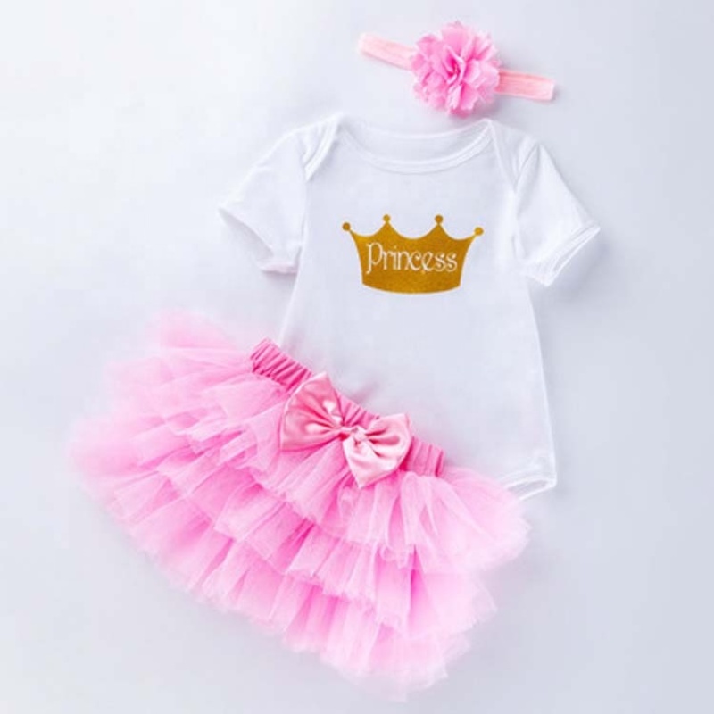 New Arrival Baby Girl Birthday Party Wear Romper Outfit With Tutu Skirts Set And Headband 