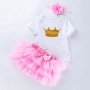 New Arrival Baby Girl Birthday Party Wear Romper Outfit With Tutu Skirts Set And Headband 