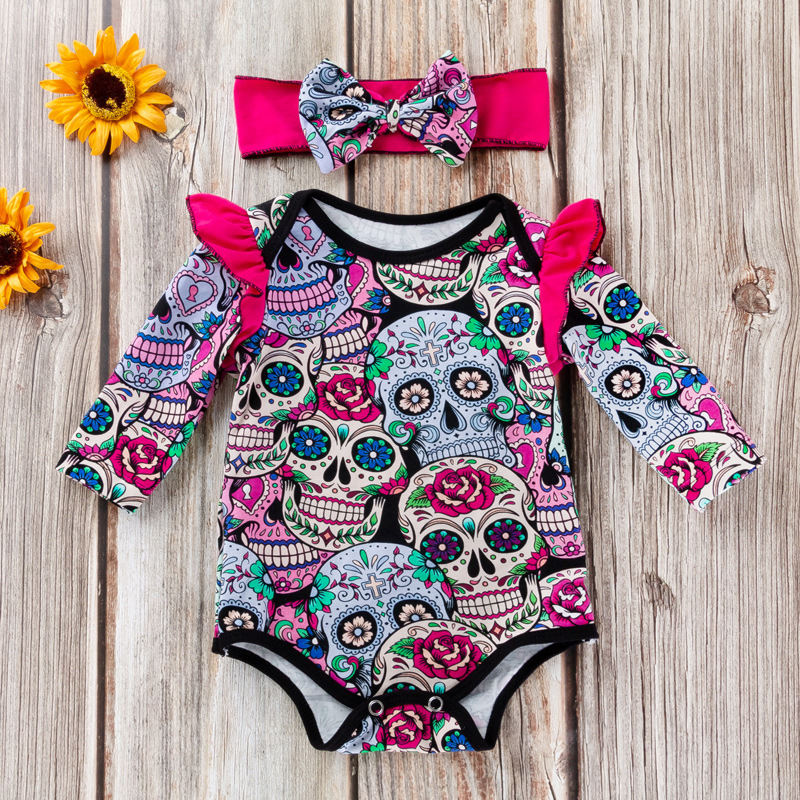 New arrival bone cotton printed trendy punk long sleeve halloween romper