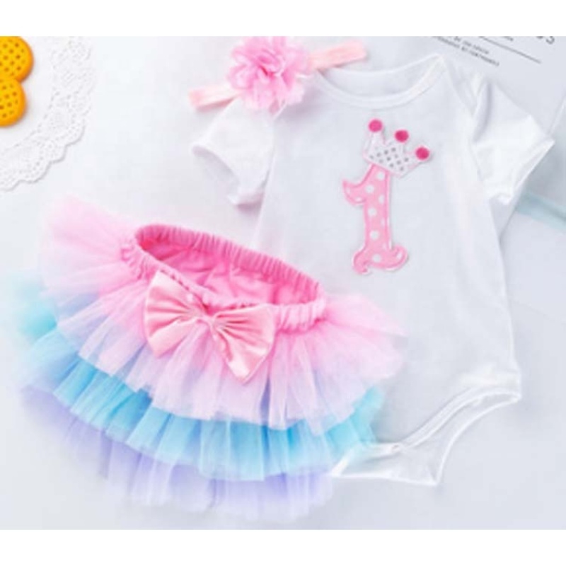 Factory Direct Sale Newborn Baby Birthday Romper With Rainbow Tutu Skirts And Headband 