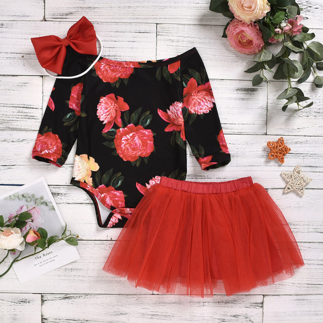 Wholesale Elegant Floral Infant Romper With Tutu Skirts And Headband 