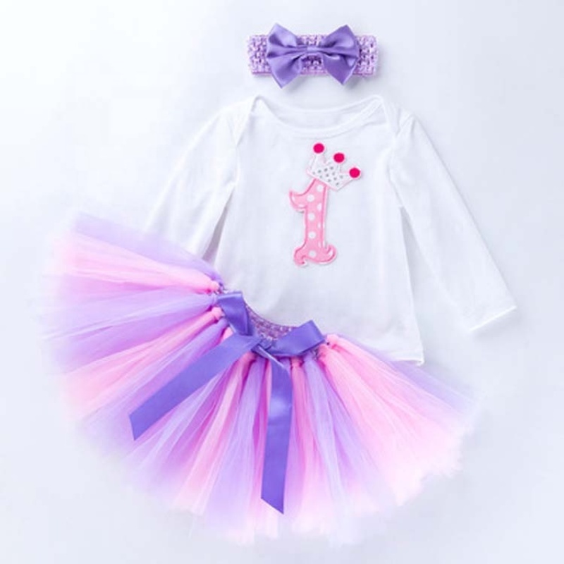 Wholesale Baby Girl Long Sleeve Birthday Romper With Tulle Skirts And Headband Set