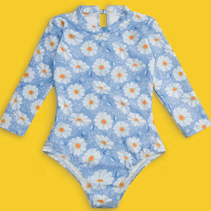 2021 new one piece blue long sleeve swimsuit floral swimwear