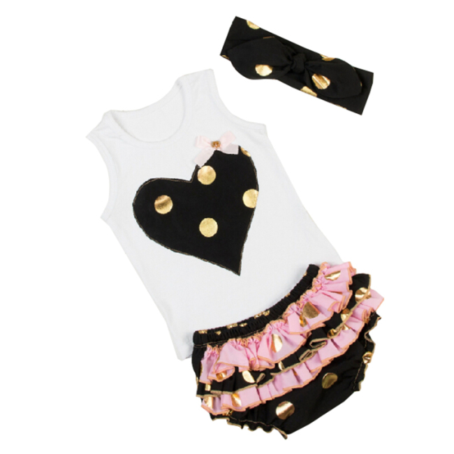 Fancy Cotton Polka Dot Girl Sleeveless Tee Top With Bloomer And Headband Set