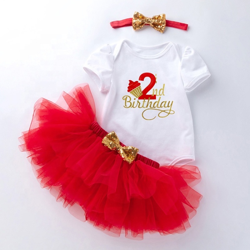 Factory Wholesale Girl Cotton Baby Romper Set With Tulle Skirts And Headband 