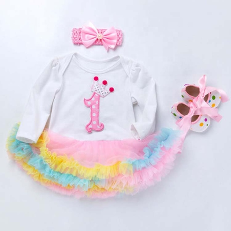 Wholesale Long Sleeve Baby Girl Birthday Outfit Dress With Baby Shoes And Headband Set