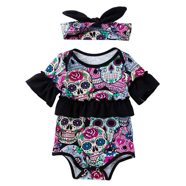 Halloween trendy punk  ruffle half sleeve boutique clothes newborn baby romper