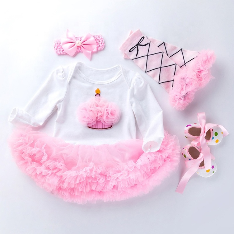 Wholesale Newborn Baby Girl Birthday Clothing Set Romper With Leg Warmer And Baby Shoes And Headband