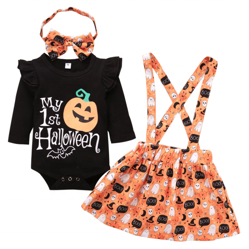 Manufacturer halloween printed stylish suspender long sleeve dress designer baby girl clothes