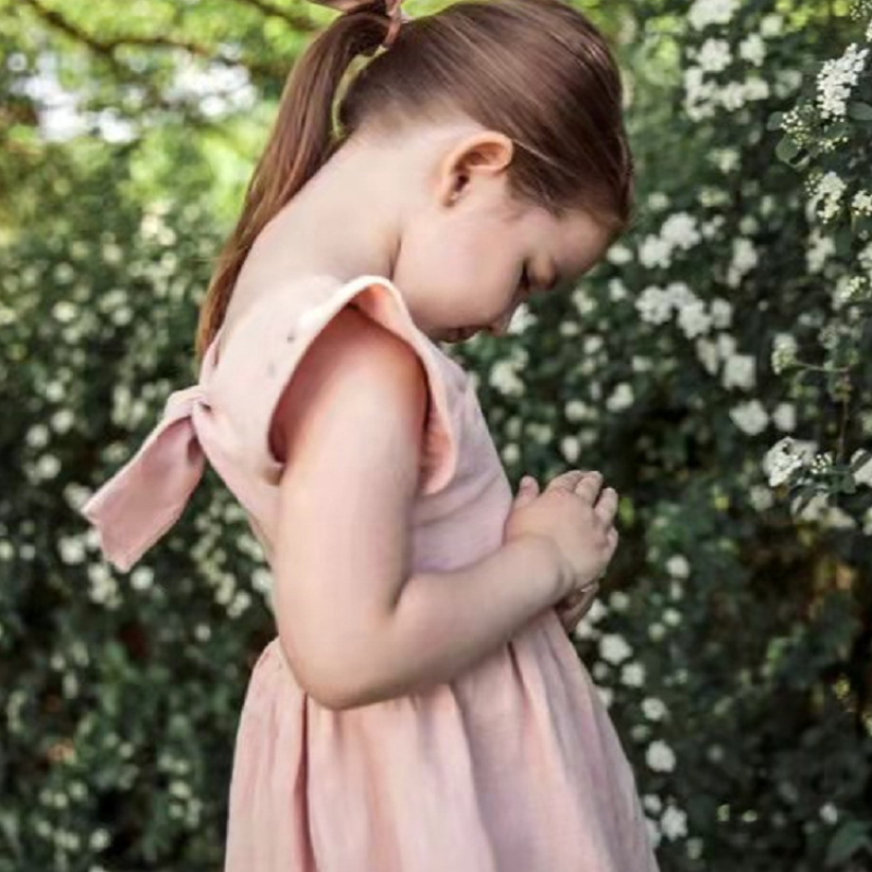 Toddler Baby Girl Dress Summer Solid Cotton Linen Halter Flutter Sleeve Bow Kids Casual Dresses