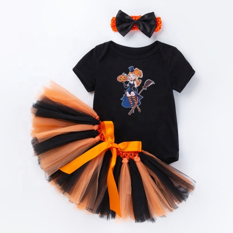 Halloween cute black long sleeve romper mesh skirt cotton baby clothing sets