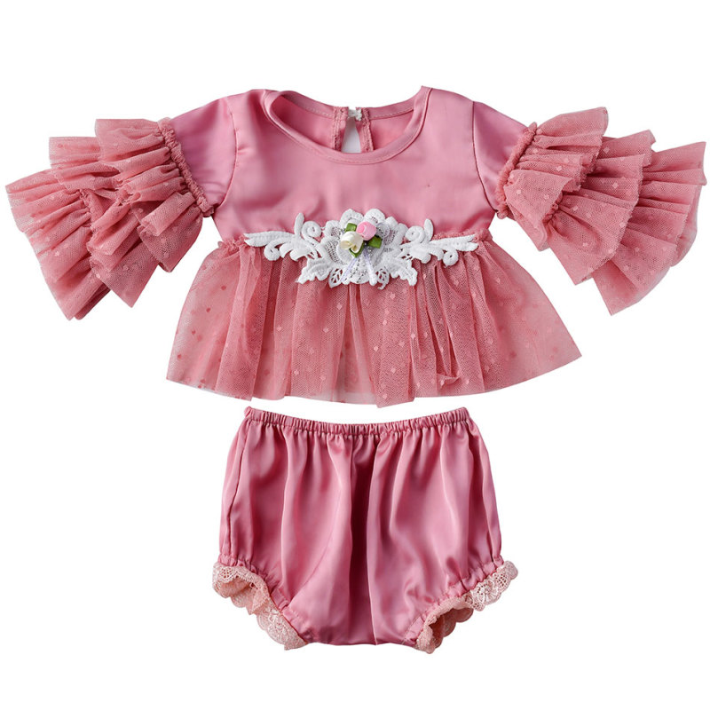 Boutique Cute Little Baby Girl Pink Long Sleeves Top With Ruffles And Lace Pants Clothing Set