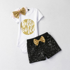 Wholesale Custom Stylish Baby Girls Letters Printed Top With Sequin Shorts Set