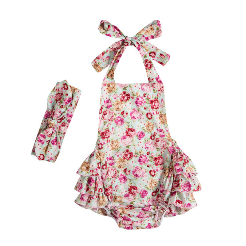 Newborn Toddler Baby Girls Sleeveless Romper Cotton Halter Backless Jumpsuit With Headband