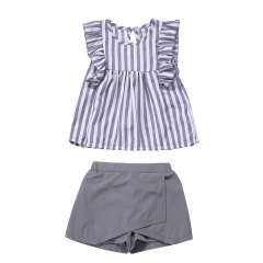 Wholesale Children's Boutique Stripe Sleeveless Ruffle Top With Short Pants Outfit Clothes Set