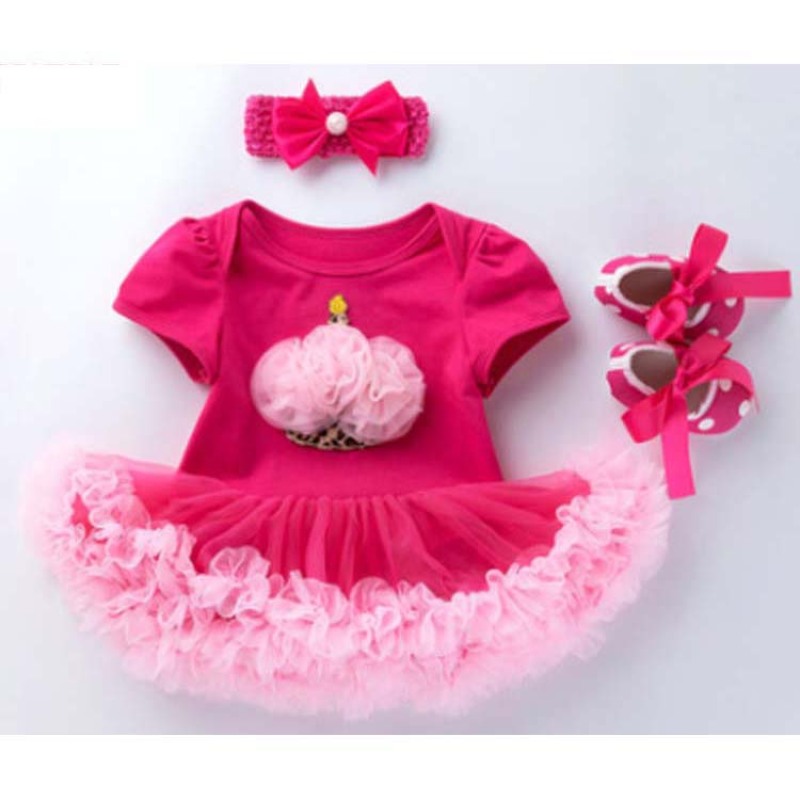 New Arrival Short Sleeve Toddler Birthday Tutu Dress With Baby Shoes And Headband Set