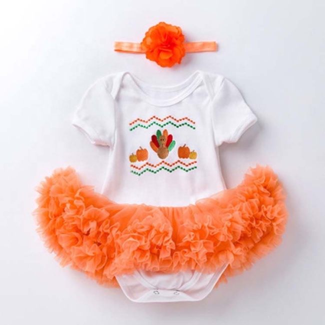 Factory thanksgiving day baby clothing headband cartoon embroidery dress infants clothes sets