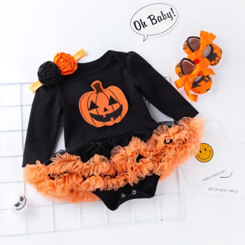 2021 fall black little girls pumpkin printed clothes tutu dresses 3 piece set