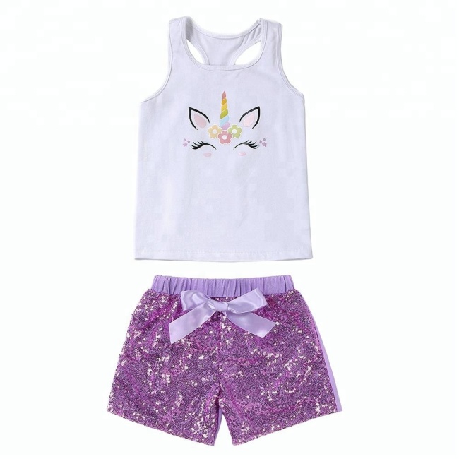 Lovely Little Girl Unicorn Tank Top Set Sequin Shorts Set For Birthday