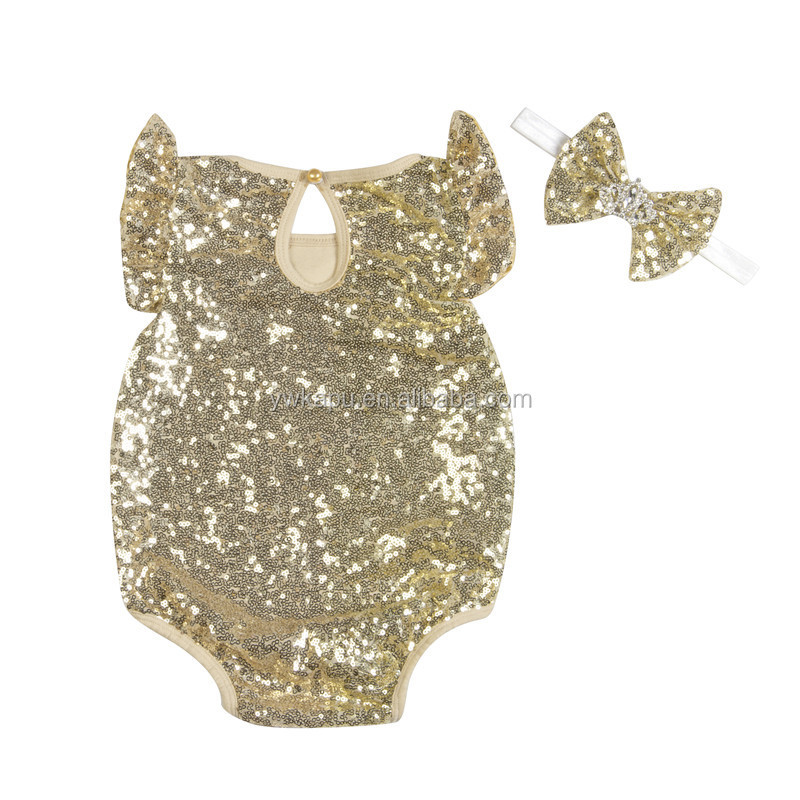 Plain Sequin Romper with Matching Crown Headband Baby Onesie from Yiwu