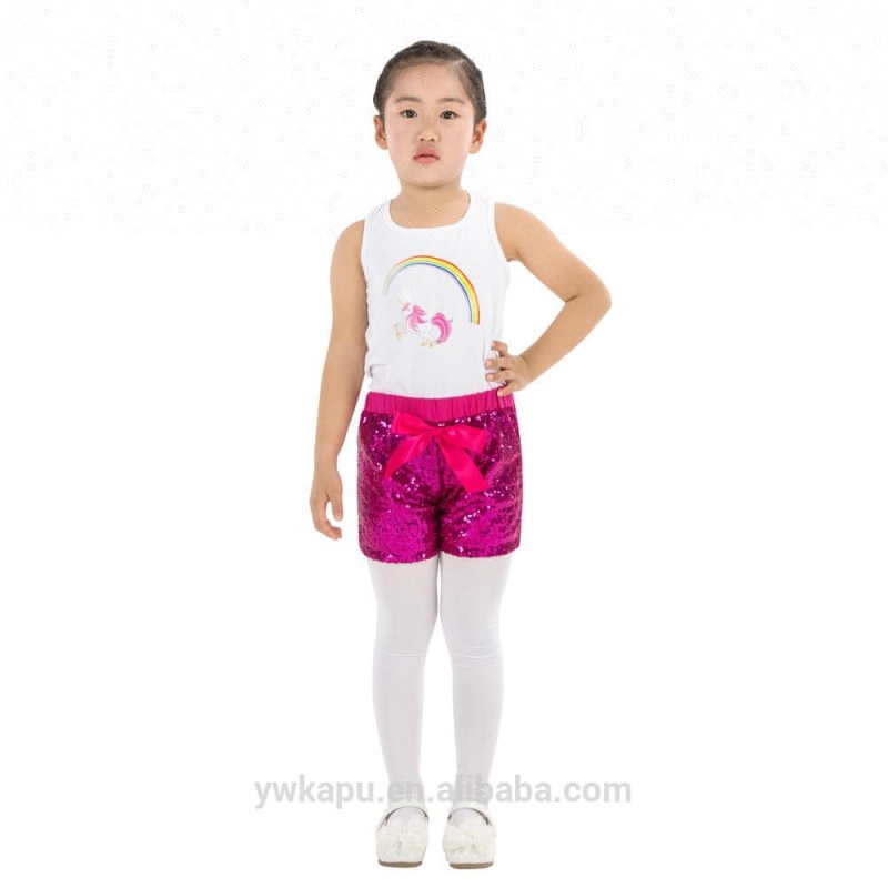 Unicorn Tank Top And Sequin Shorts With Bowknot Outfit Girls Clothing Set