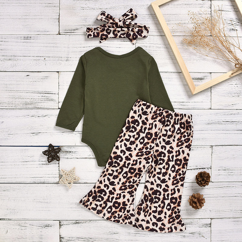 Wholesale Fashionable Girls Letters Printed Long Sleeve Rompers and Leopard Ruffle Pants Set