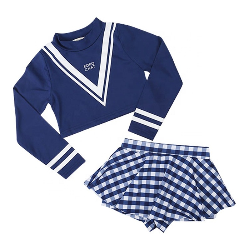 2021 summer swimwear long sleeveblue 2 pieces plaid bikini beachwear dress