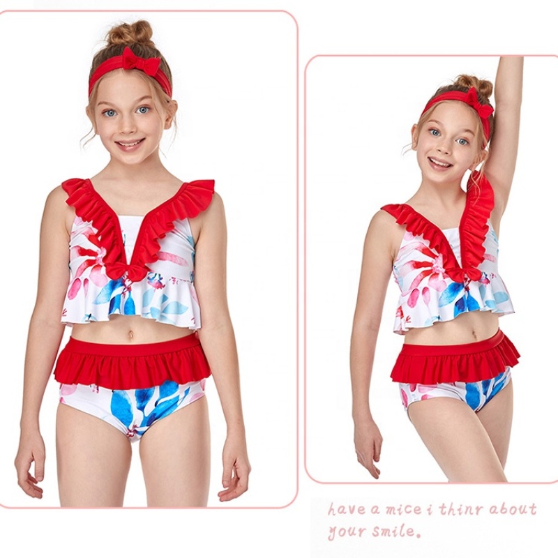 Top selling fashion ruffle print kids designer two piece swimsuit custom girls