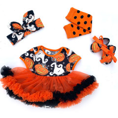 Fall Halloween Clothing Little Baby  Girls Short Sleeve Dress Pumpkin set