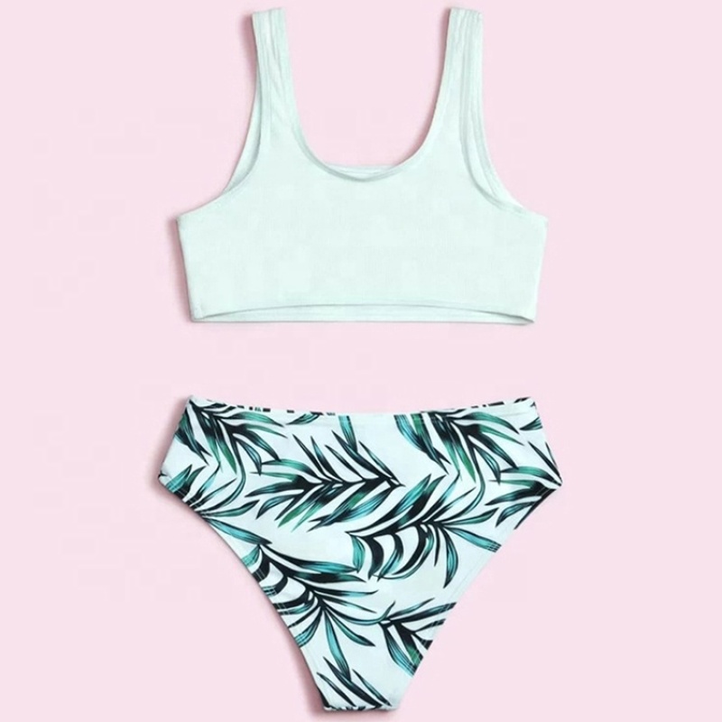 Hote sale two piece white highwaist swimwear fashion print bikini