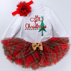 Christmas Plaid Puffy Skirt Headband Romper Baby Santa Outfits Infant Party Clothing 3Pcs Clothes Set