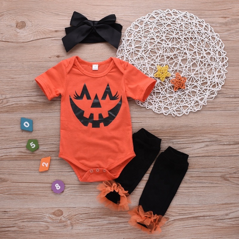 Wholesale cheap high quality halloween clothes pumpkin printed rompers kids 2021 clothing