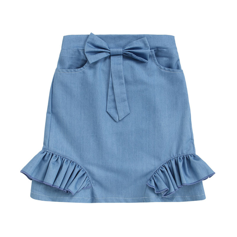KAPU Mini school  Bow Short Dress Girl Pleated Elastic Waist Denim Skirts  With Pockets