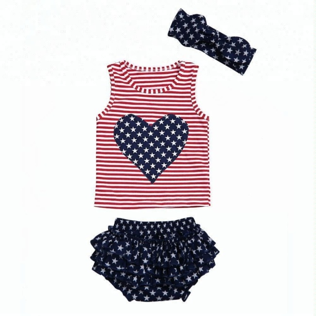 2018 Newest design patriotic high quality sleeveless top and ruffle bloomers 4th of July baby girl outfit