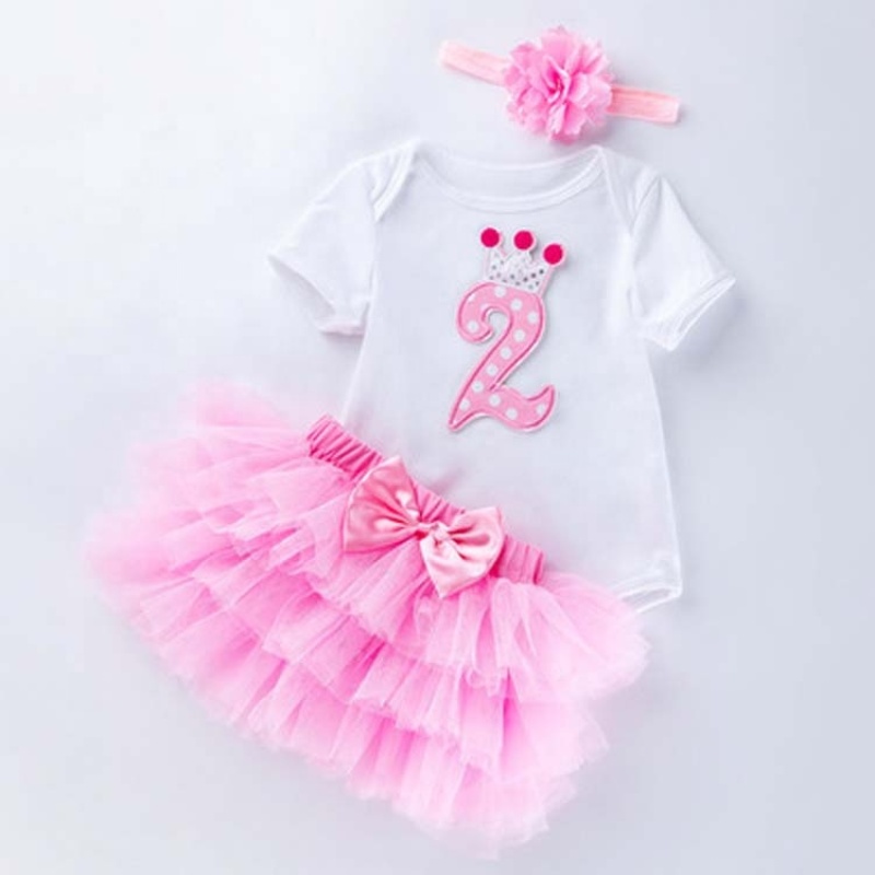 New Arrival Baby Girl Birthday Party Wear Romper Outfit With Tutu Skirts Set And Headband 
