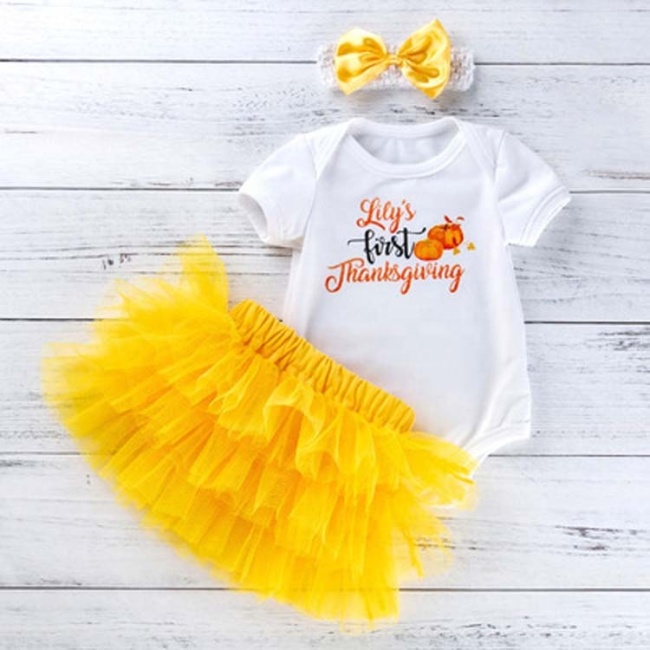 Thanksgiving day yellow short sleeve bow headband  layered mesh skirt three pieces baby rompers
