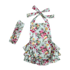 Baby Girl Floral Pattern Summer Backless Halter Romper With Headband