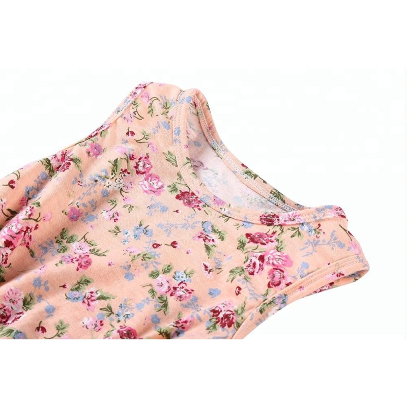 Wholesale floral Printed Ruffle Pompoms Baby girl Romper set With messy bow headband