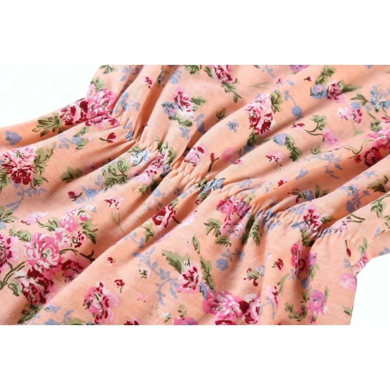 Wholesale floral Printed Ruffle Pompoms Baby girl Romper set With messy bow headband