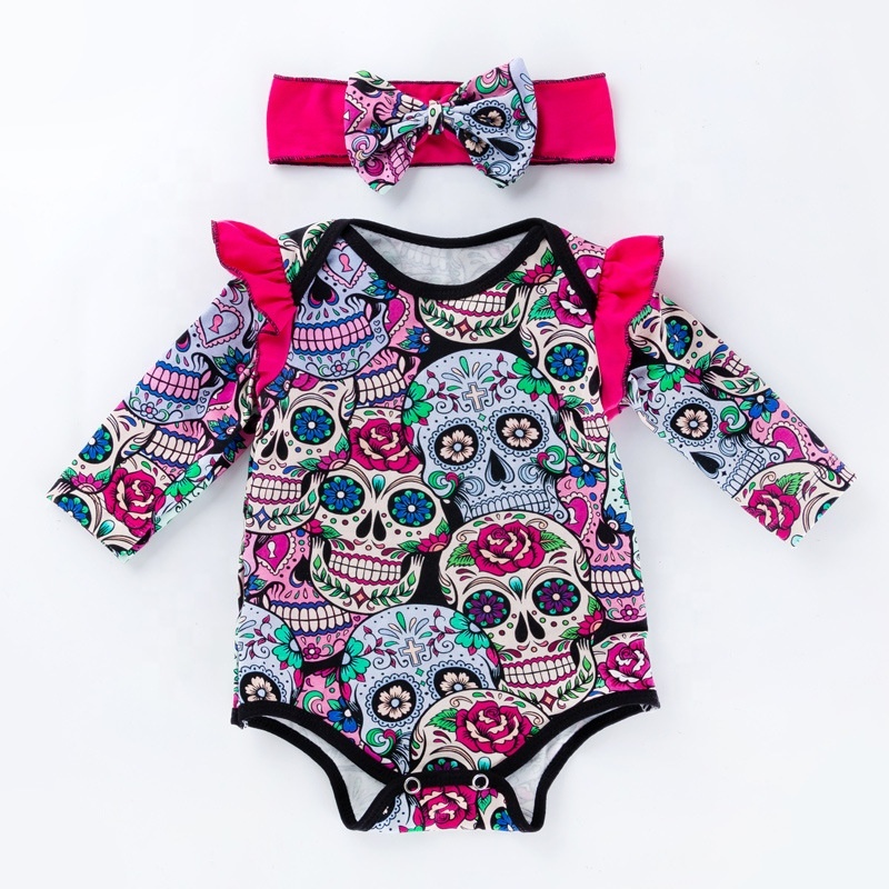 New arrival bone cotton printed trendy punk long sleeve halloween romper