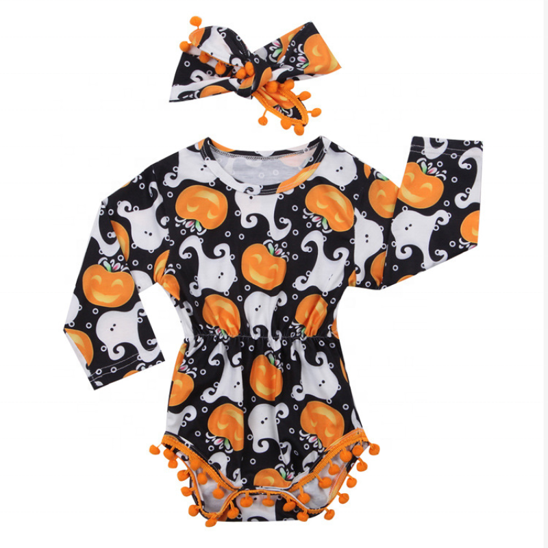 2021 korean trendy headband bow baby printed designer clothes ruffle halloween romper