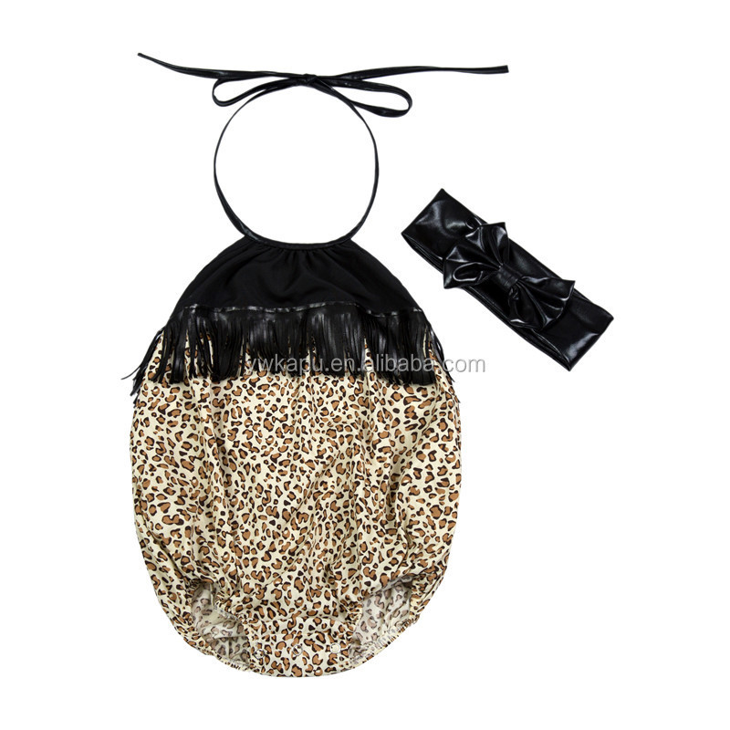 Wholesale children's boutique clothing high quality infant leopard sunsuit fancy bodysuit black tassel fringes style romper