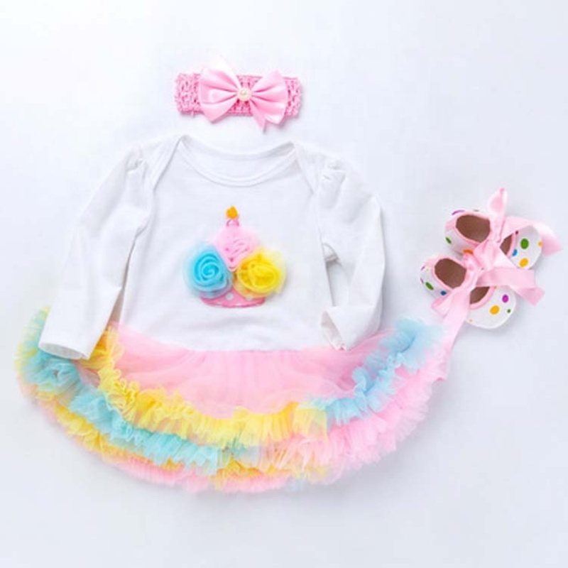 Wholesale Long Sleeve Baby Girl Birthday Outfit Dress With Baby Shoes And Headband Set