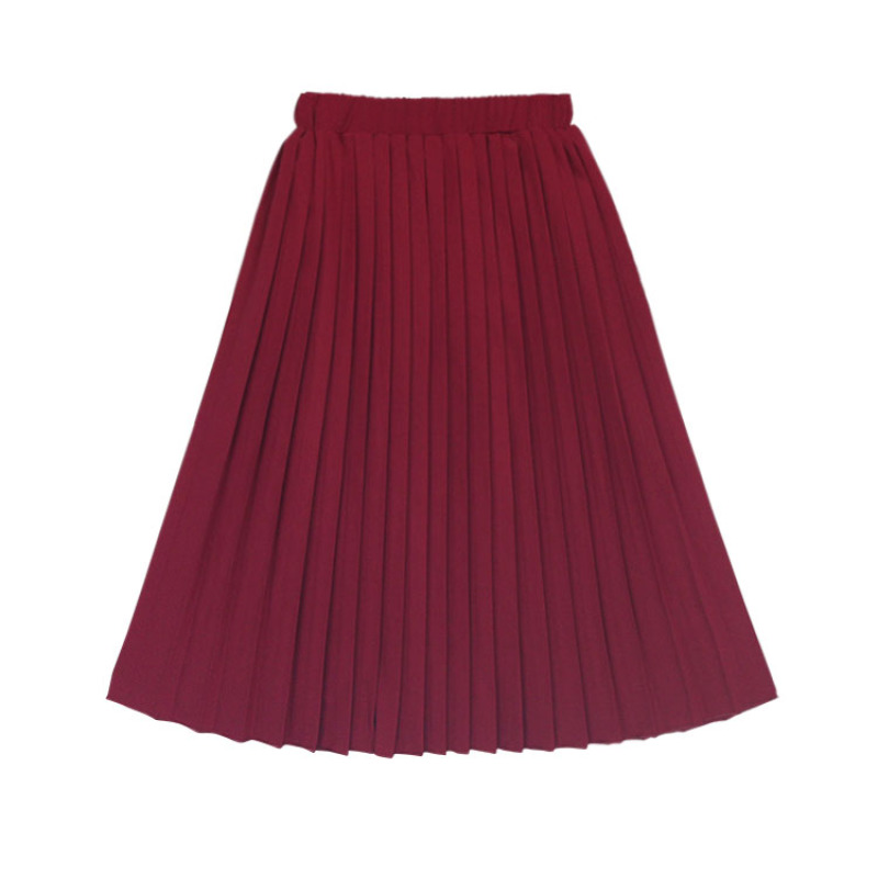 Factory price elasticized waist lightweight pure color long spring kids pleated skirt