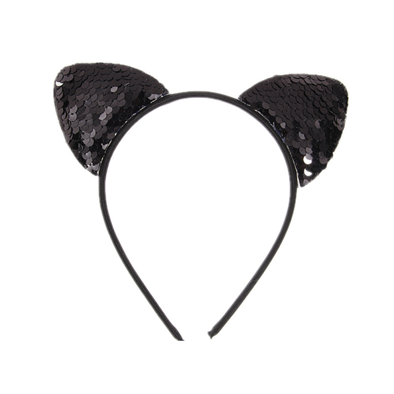 Custom Cute Sequin  Plastic Headband Girl Animal Black Glitter Paillette Cat Ear Headbands