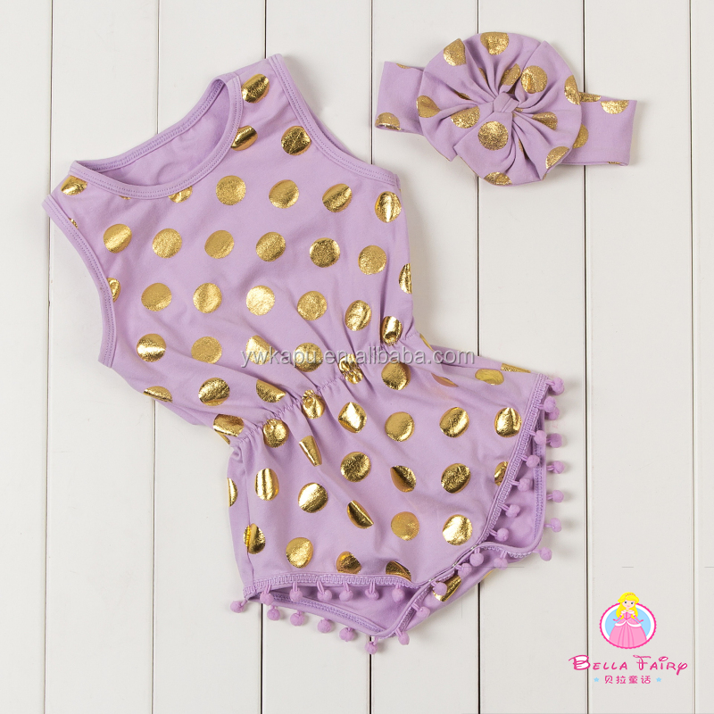 Kids fashionable clothing Hot stamping polka dot romper baby girl bodysuit pompom romper