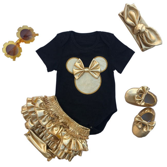 Factory Wholesale Golden Cotton Romper With Gold Bloomer And Baby Shoes