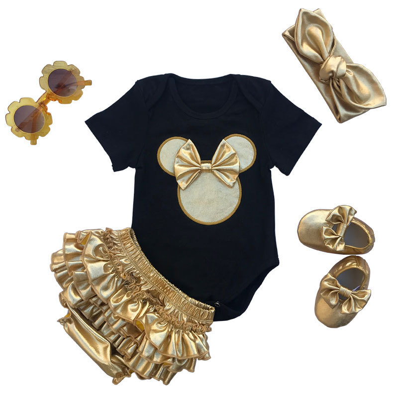 Factory Wholesale Golden Cotton Romper With Gold Bloomer And Baby Shoes