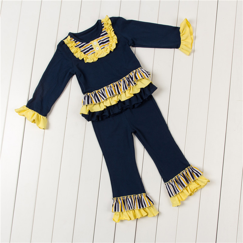 Boutique Girls Fall Clothes Outfits Set Long Sleeve Ruffle Top With Long Trim Pants