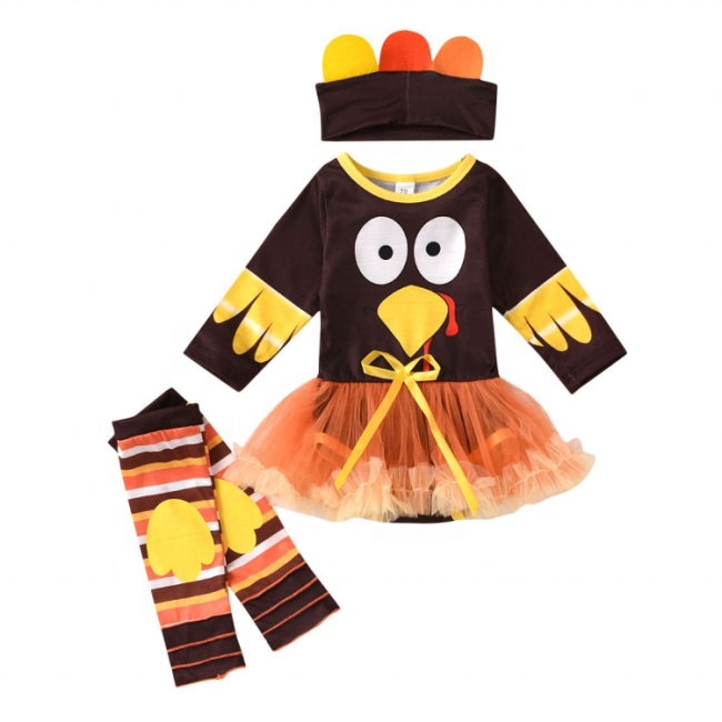 2021 cute turkey cartoon custom baby cotton dress clothes set